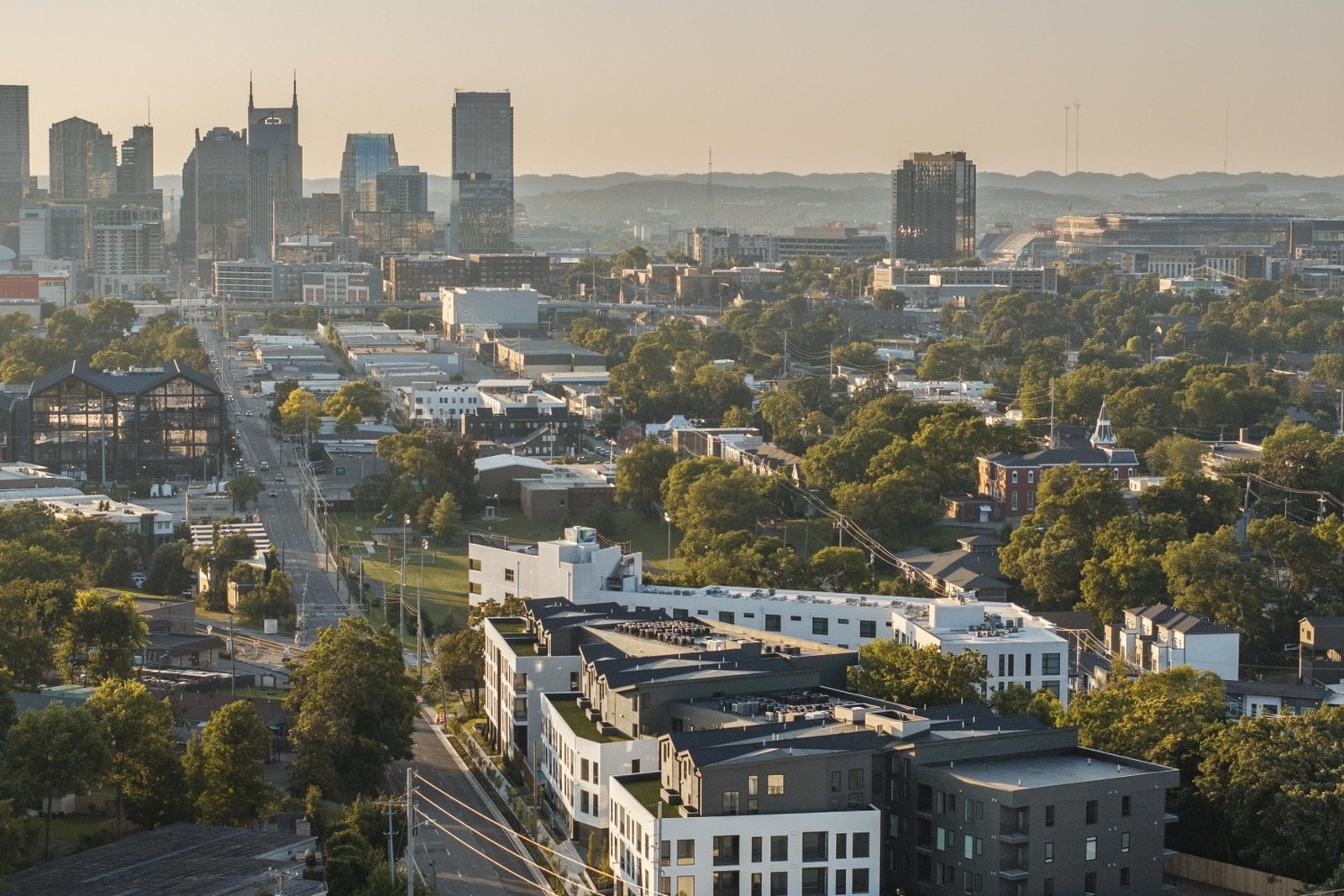 Golden-hour view over Wedgewood-Houston toward downtown Nashville.
