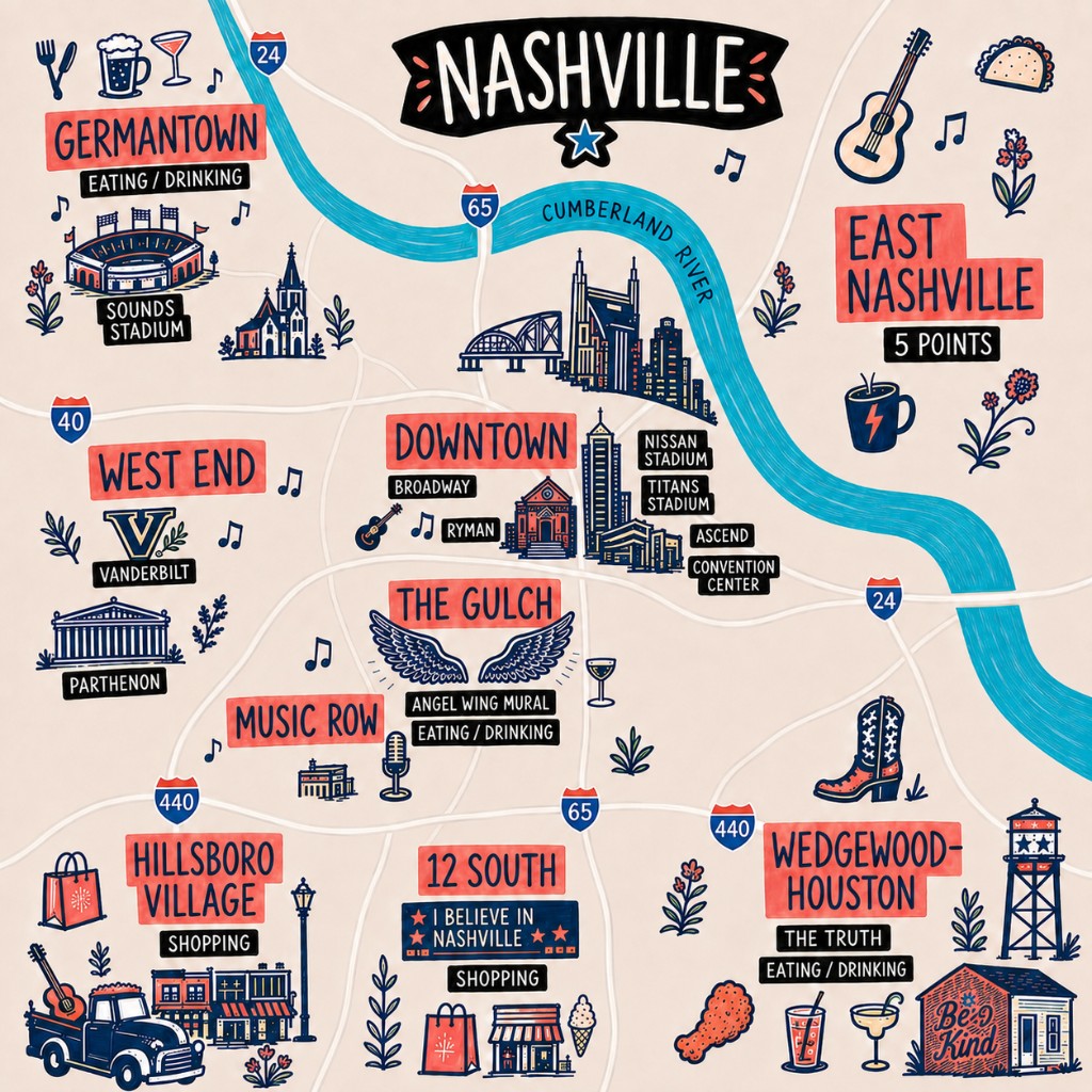 Illustrated map of Nashville neighborhoods including Germantown, East Nashville, Downtown, The Gulch, 12 South, and more.